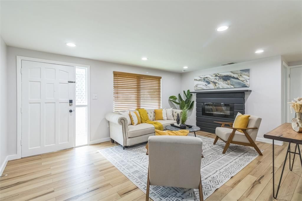 Fireplace, Interior, Living room, Recessed Lighting, Wood Texture Flooring