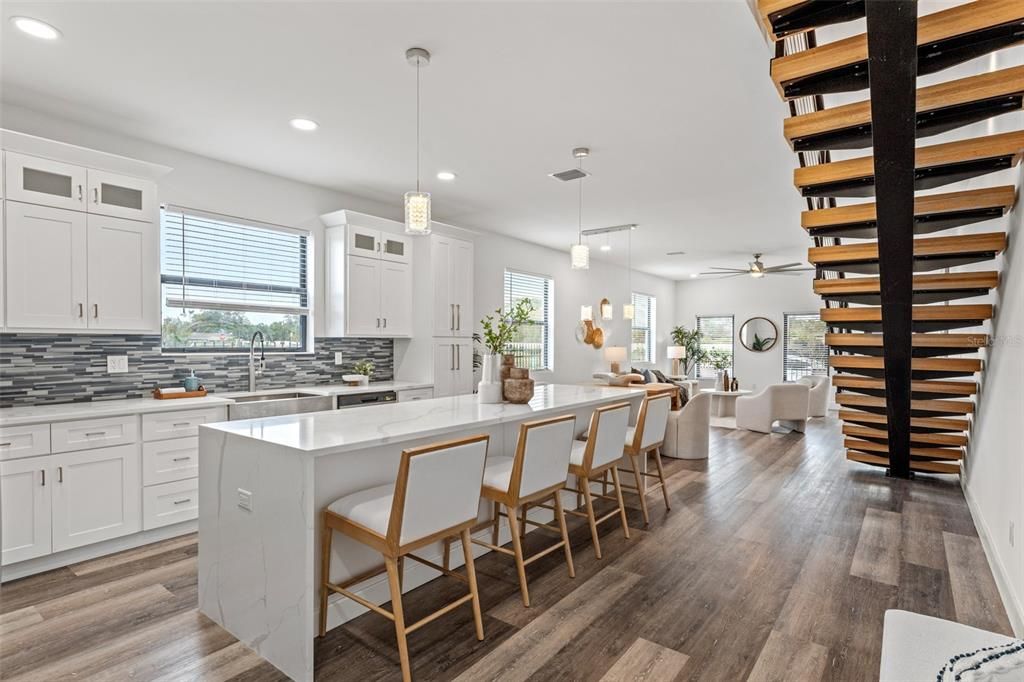 Interior, Kitchen, Pendant Lights, Recessed Lighting, Wood Texture Flooring