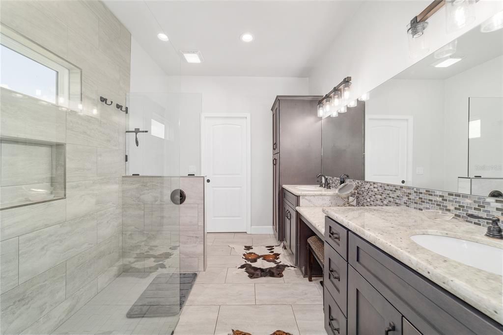 Bathroom, Dual Sink Vanities, Glass Shower, Interior, Recessed Lighting