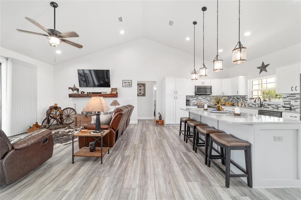 Interior, Kitchen, Living room, Pendant Lights, Recessed Lighting, Wood Texture Flooring