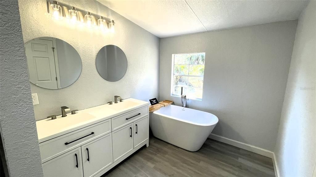 Bathroom, Dual Sink Vanities, Free Standing Baths, Interior, Wood Texture Flooring
