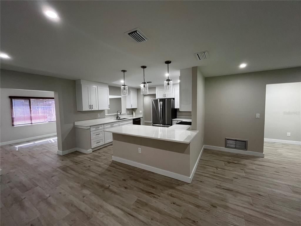 Interior, Kitchen, Pendant Lights, Recessed Lighting, Wood Texture Flooring