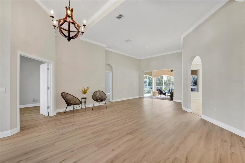 Chandelier, Empty room, Interior, Wood Texture Flooring