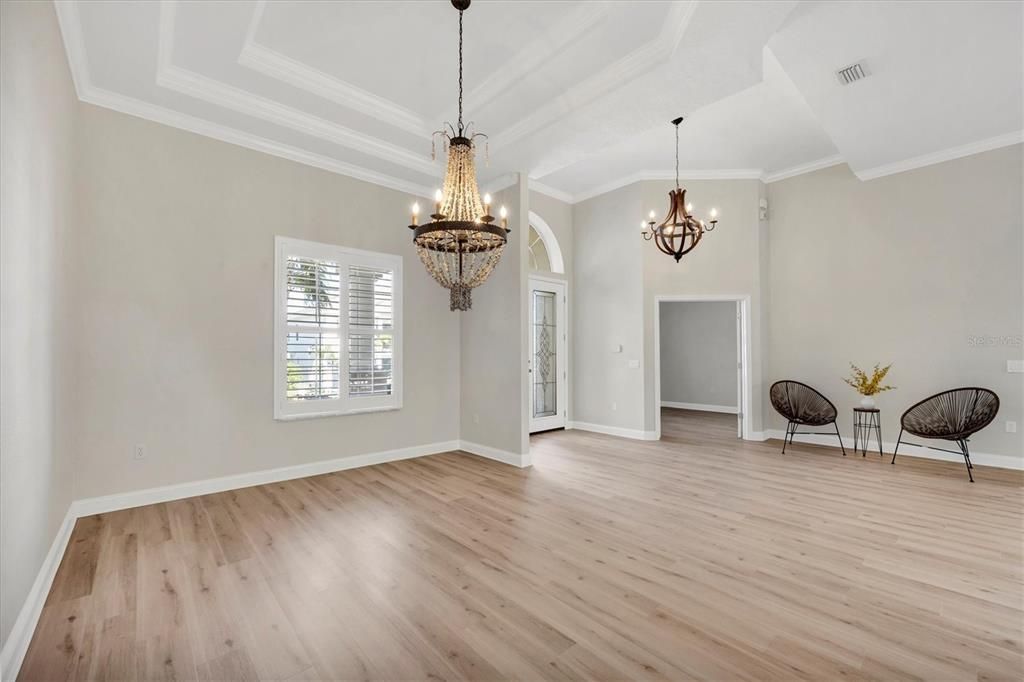 Chandelier, Empty room, Interior, Wood Texture Flooring
