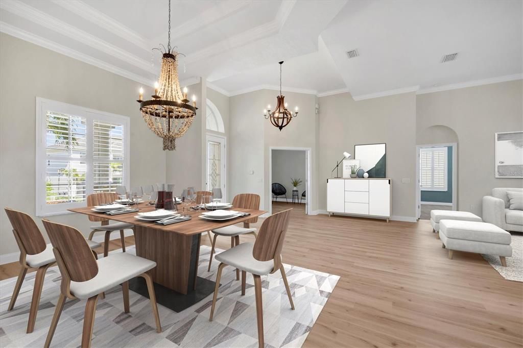 Chandelier, Dining room, Interior, Wood Texture Flooring