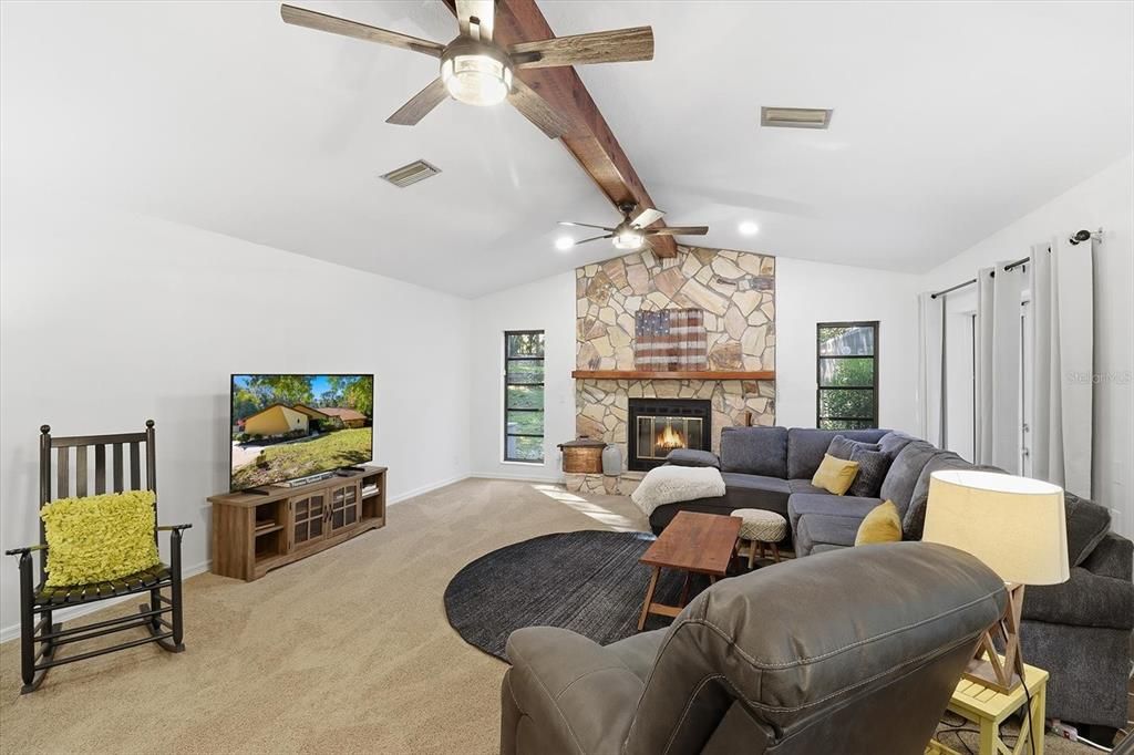 Fireplace, Interior, Living room, Recessed Lighting, Stone Walls