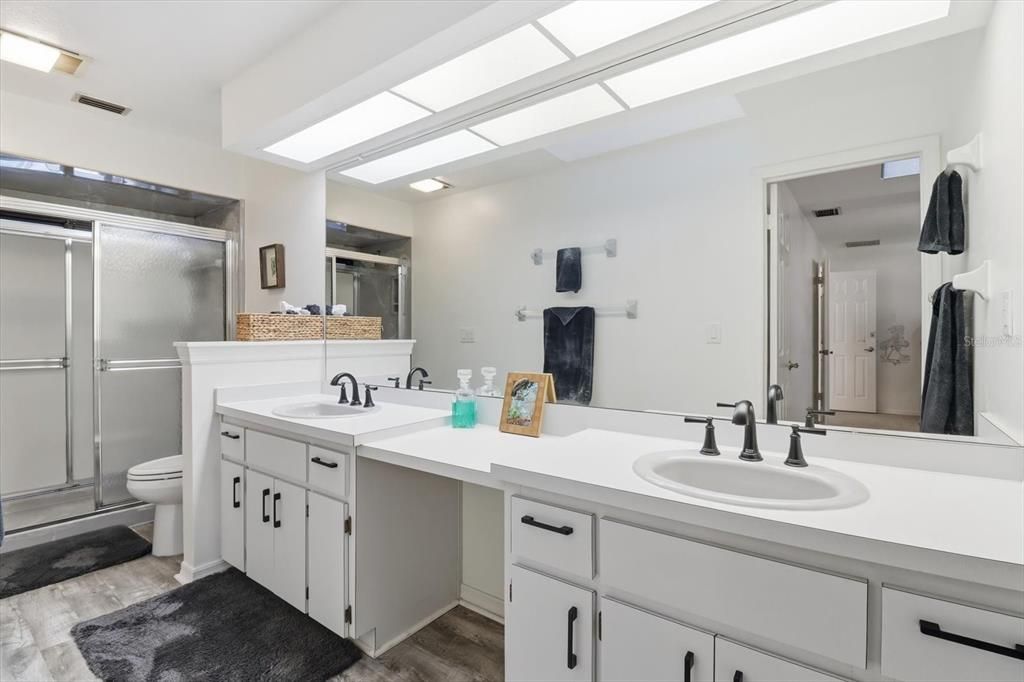 Bathroom, Dual Sink Vanities, Glass Shower, Interior, Wood Texture Flooring