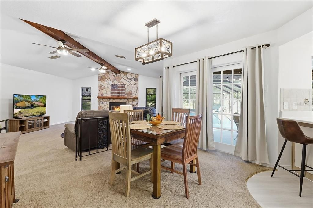Dining room, Fireplace, Interior, Living room, Pendant Lights, Stone Walls