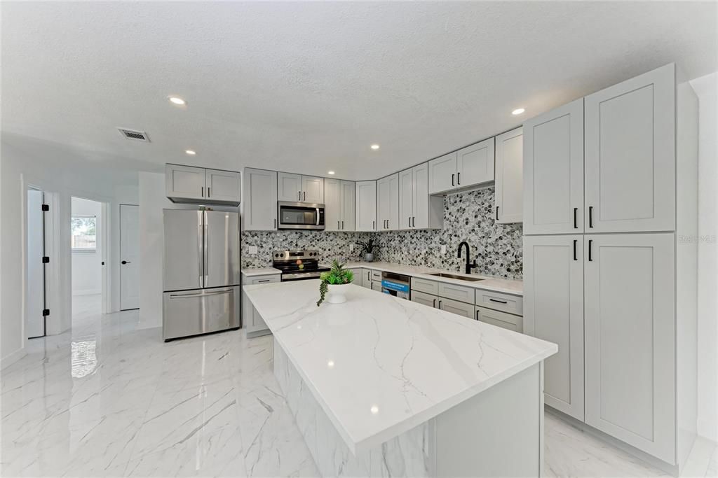 Interior, Kitchen, Marble, Recessed Lighting, Stainless Steel Appliances