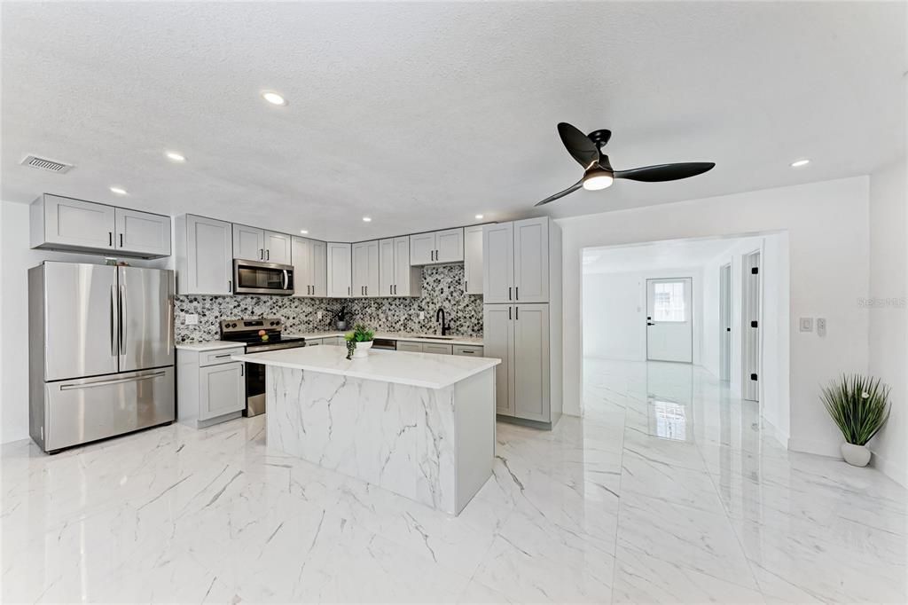 Interior, Kitchen, Marble, Recessed Lighting, Stainless Steel Appliances
