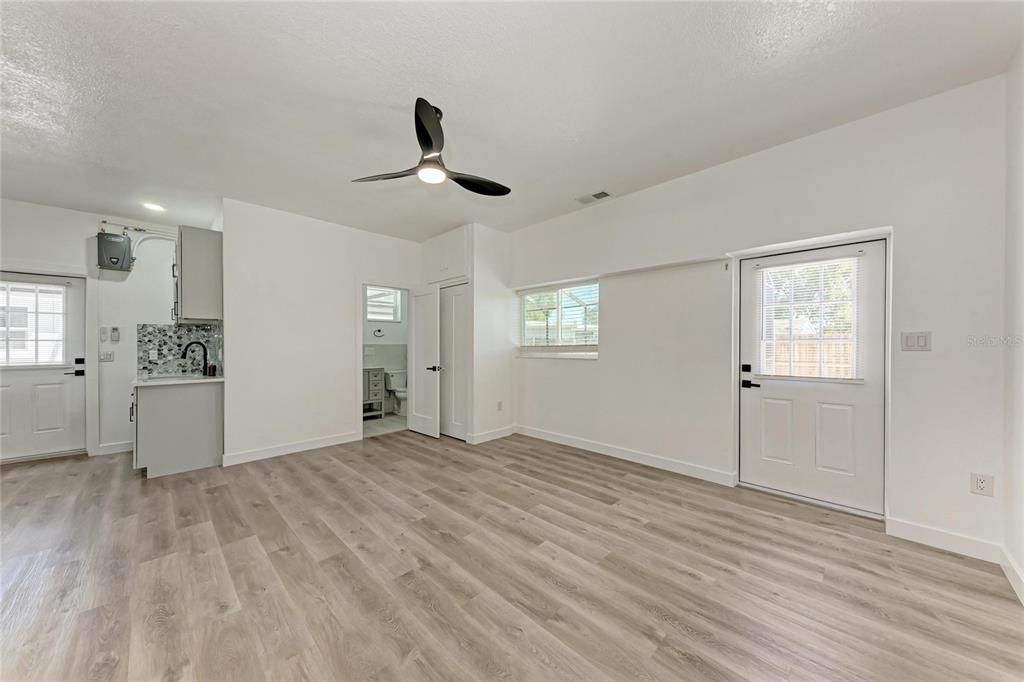 Empty room, Interior, Kitchen, Recessed Lighting, Wood Texture Flooring