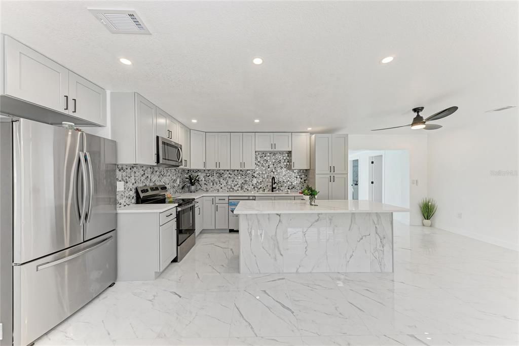 Interior, Kitchen, Marble, Recessed Lighting, Stainless Steel Appliances