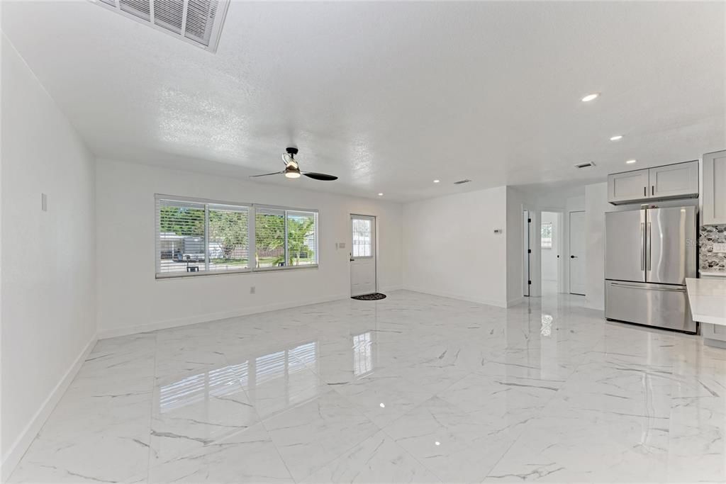 Empty room, Interior, Kitchen, Marble, Recessed Lighting, Stainless Steel Appliances