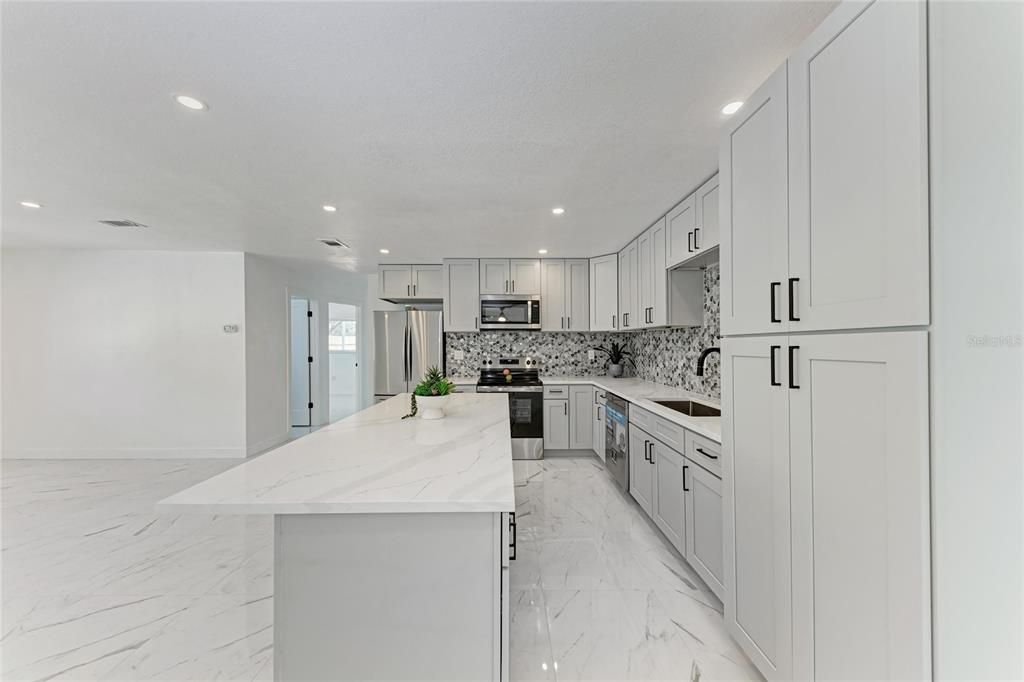 Interior, Kitchen, Marble, Recessed Lighting, Stainless Steel Appliances