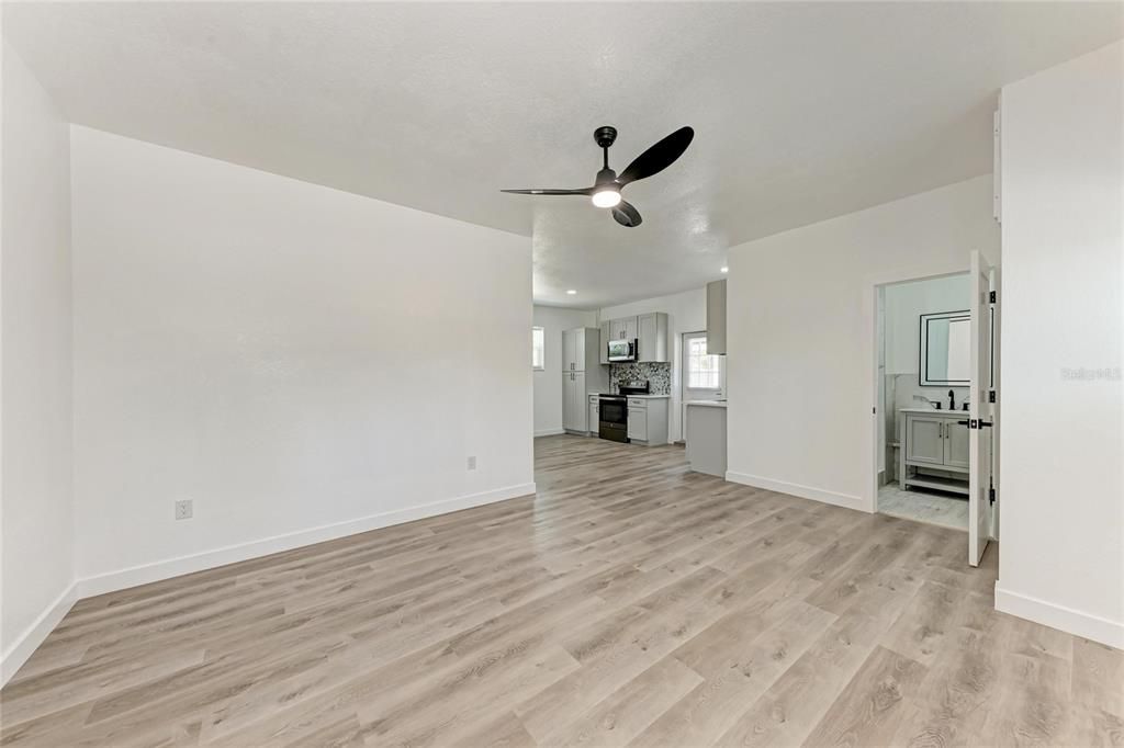 Empty room, Interior, Kitchen, Recessed Lighting, Wood Texture Flooring