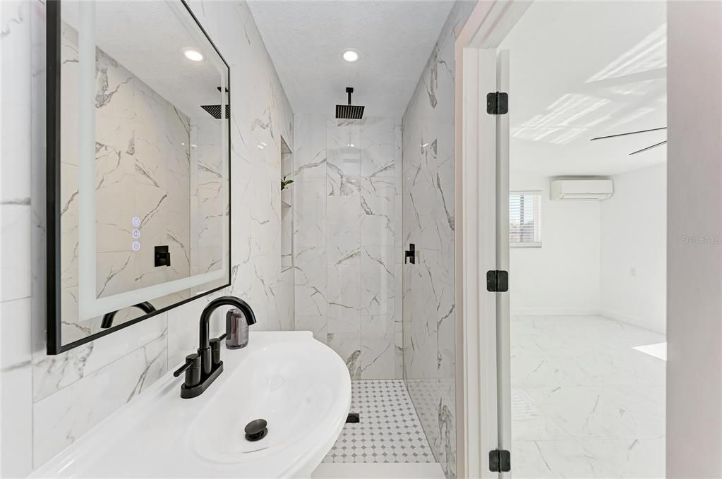 Bathroom, Glass Shower, Interior, Marble, Marble Walls, Recessed Lighting