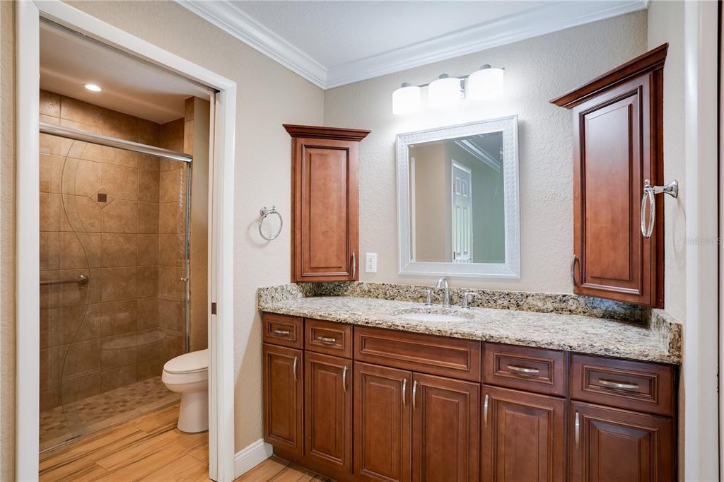 Bathroom, Glass Shower, Interior, Recessed Lighting, Wood Texture Flooring