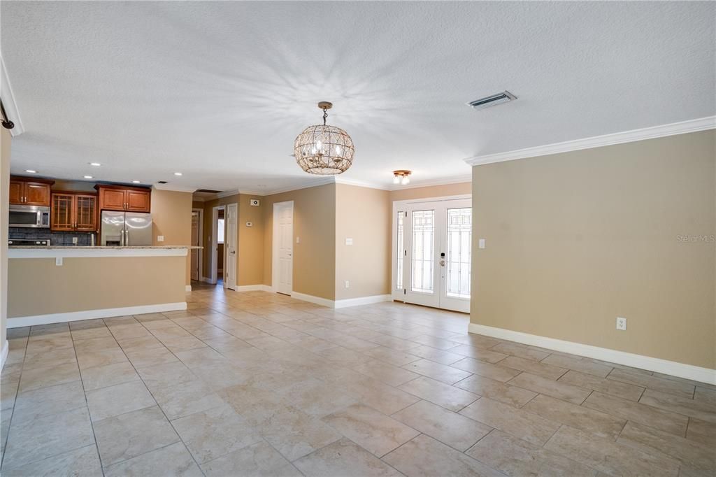 Chandelier, Empty room, Interior, Kitchen, Recessed Lighting, Stainless Steel Appliances