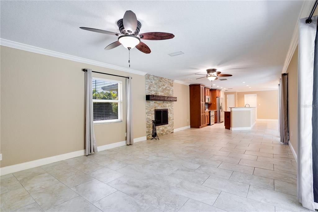 Empty room, Fireplace, Interior, Kitchen, Recessed Lighting