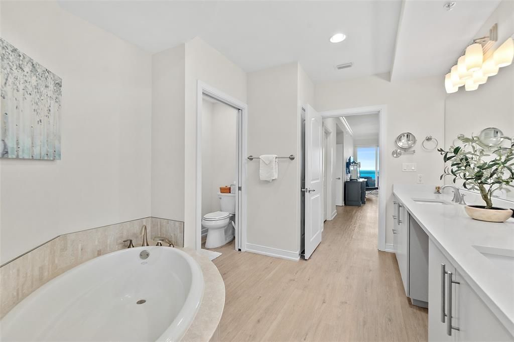 Bathroom, Interior, Recessed Lighting, Water, Wood Texture Flooring