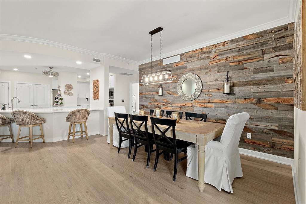 Dining room, Interior, Kitchen, Pendant Lights, Recessed Lighting, Wood Texture Flooring, Wooden Walls