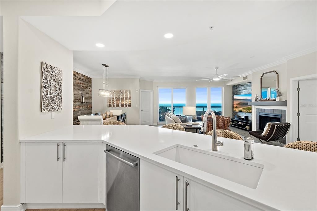 Fireplace, Interior, Kitchen, Pendant Lights, Recessed Lighting, Water