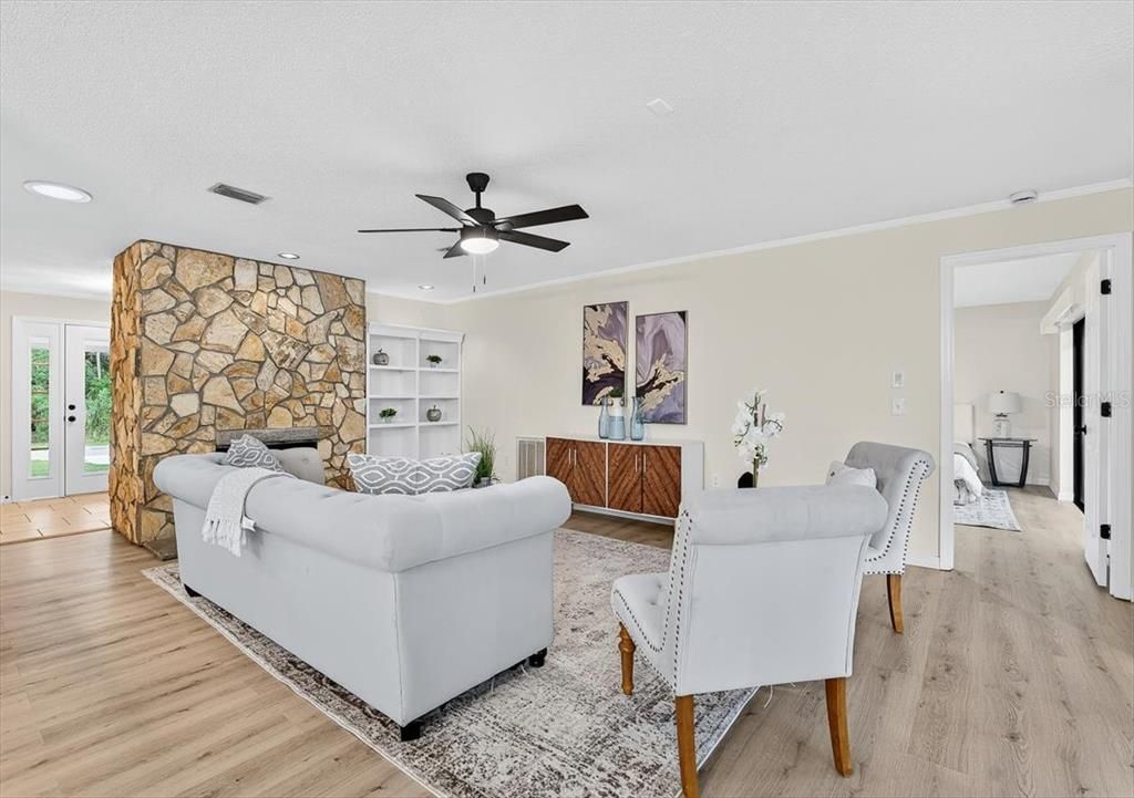 Interior, Living room, Recessed Lighting, Stone Walls, Wood Texture Flooring