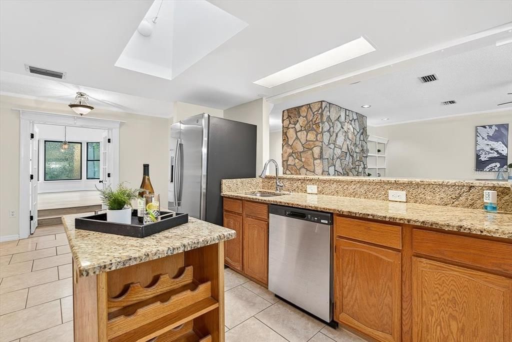Interior, Kitchen, Recessed Lighting, Stainless Steel Appliances, Stone Walls