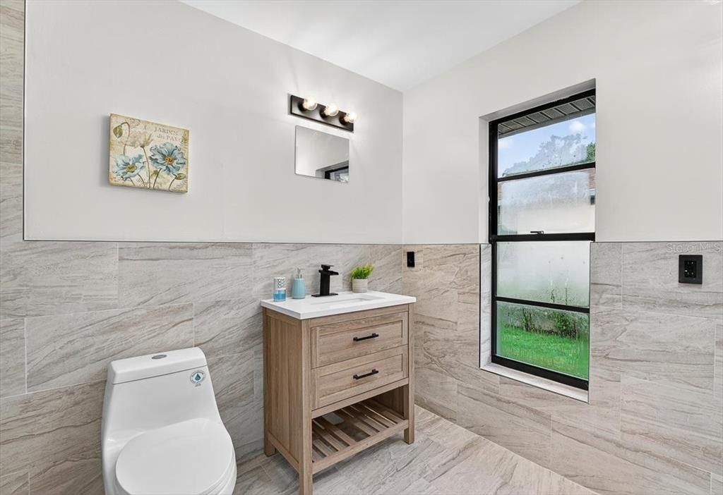Bathroom, Interior, Marble Walls, Wood Texture Flooring