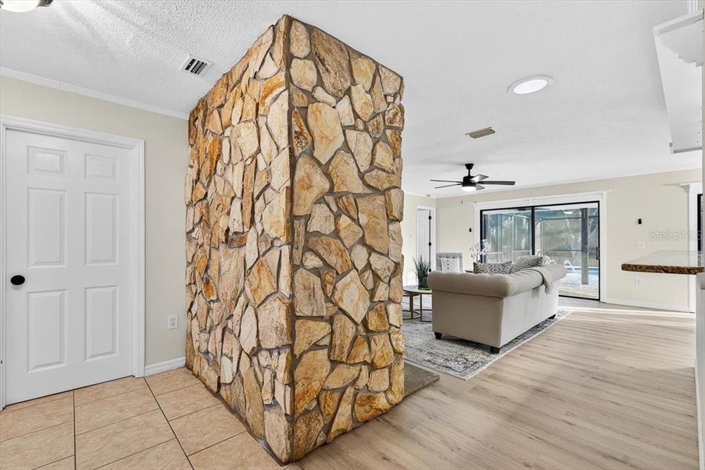 Interior, Living room, Recessed Lighting, Stone Walls, Wood Texture Flooring
