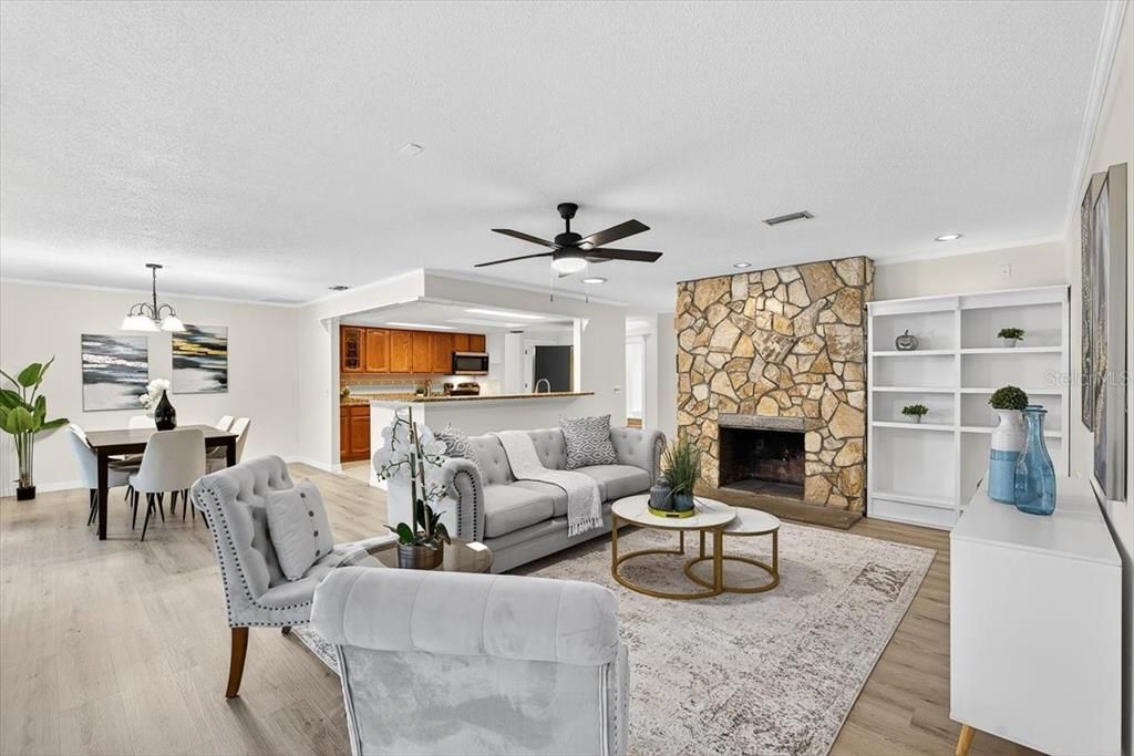 Dining room, Fireplace, Interior, Kitchen, Living room, Pendant Lights, Recessed Lighting, Stone Walls, Wood Texture Flooring