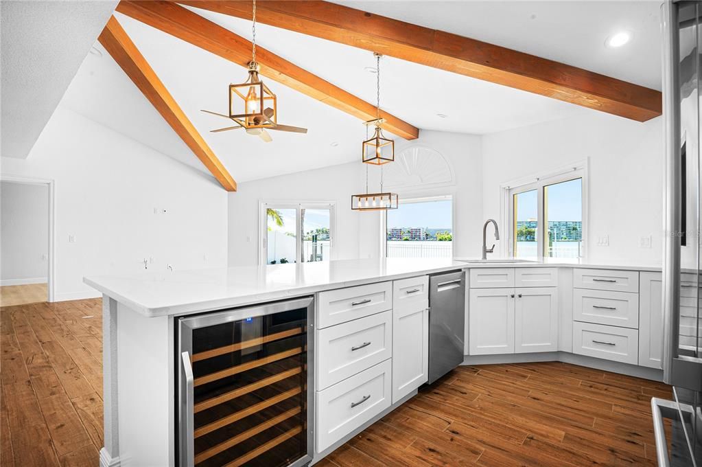 Interior, Kitchen, Pendant Lights, Recessed Lighting, Wooden Beams, Wood Texture Flooring
