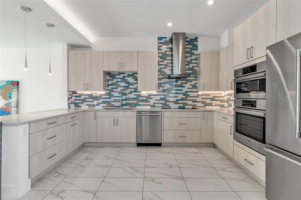 Interior, Kitchen, Marble, Pendant Lights, Recessed Lighting, Stainless Steel Appliances