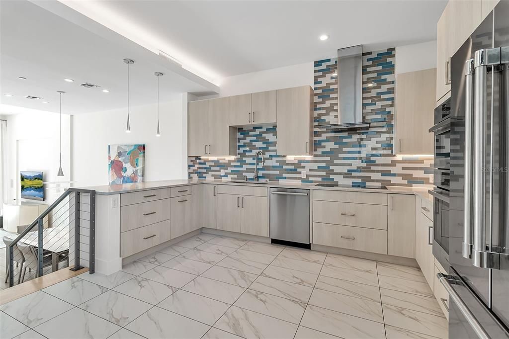 Interior, Kitchen, Marble, Pendant Lights, Recessed Lighting, Stainless Steel Appliances