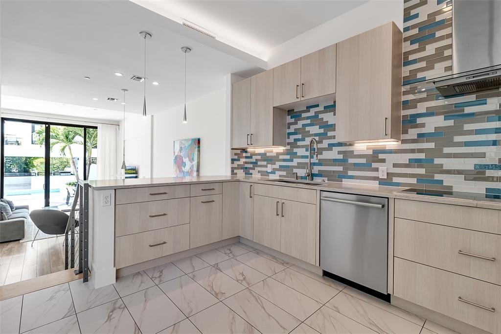 Interior, Kitchen, Marble, Pendant Lights, Recessed Lighting, Stainless Steel Appliances