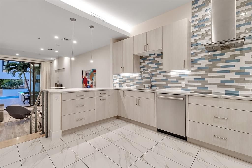 Interior, Kitchen, Marble, Pendant Lights, Recessed Lighting, Stainless Steel Appliances