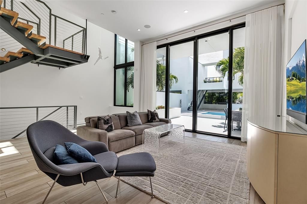 Interior, Living room, Recessed Lighting, Wood Texture Flooring