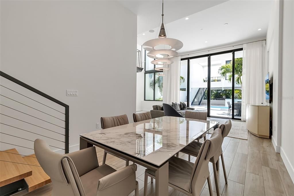 Dining room, Interior, Pendant Lights, Recessed Lighting, Wood Texture Flooring