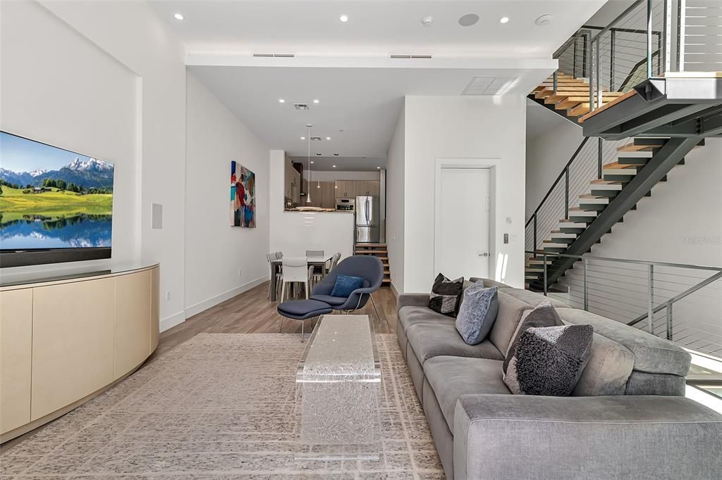 Dining room, Interior, Kitchen, Living room, Pendant Lights, Recessed Lighting, Wood Texture Flooring