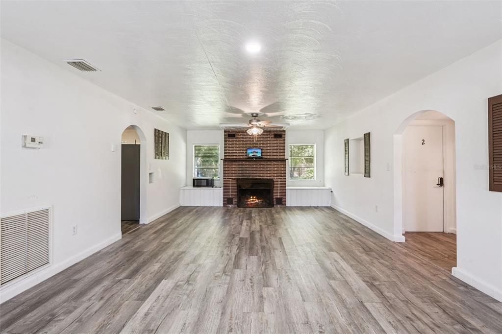 Empty room, Fireplace, Interior, Recessed Lighting, Wood Texture Flooring
