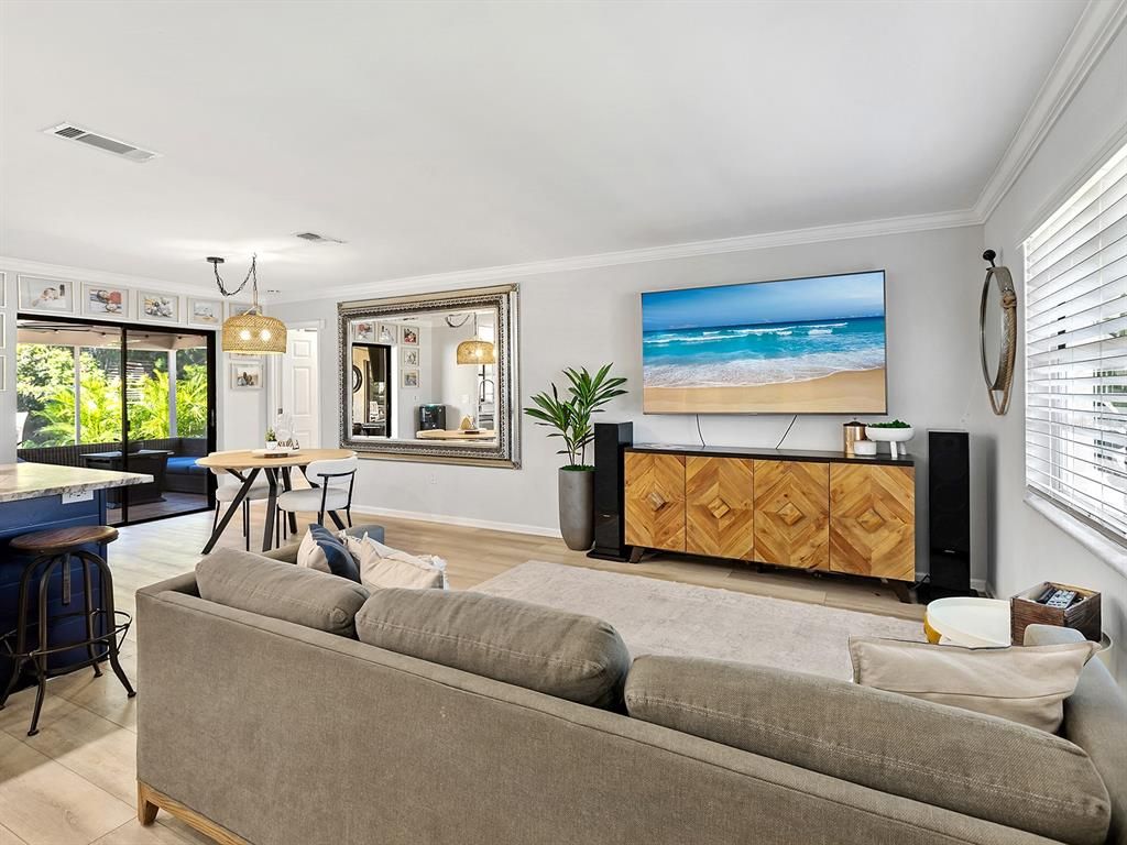 Dining room, Interior, Living room, Pendant Lights, Wood Texture Flooring