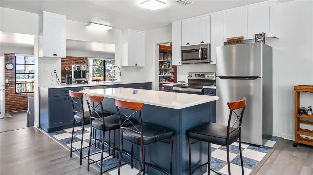 Interior, Kitchen, Stainless Steel Appliances, Stone Walls, Wood Texture Flooring