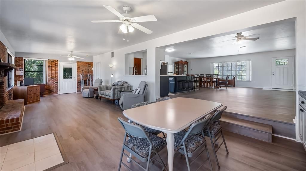 Dining room, Interior, Living room, Stone Walls, Wood Texture Flooring