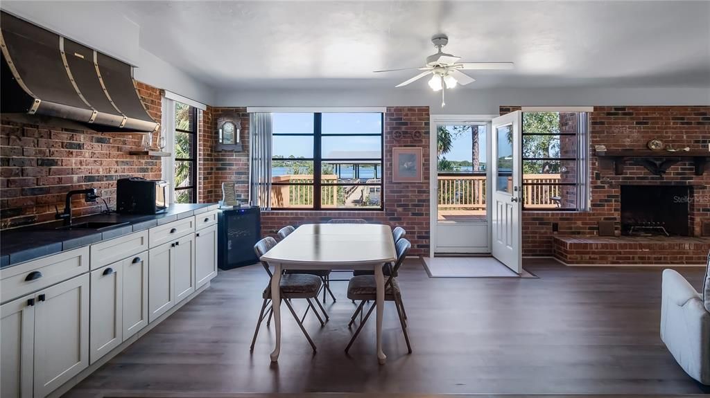 Dining room, Interior, Stone Walls, Water, Wood Texture Flooring