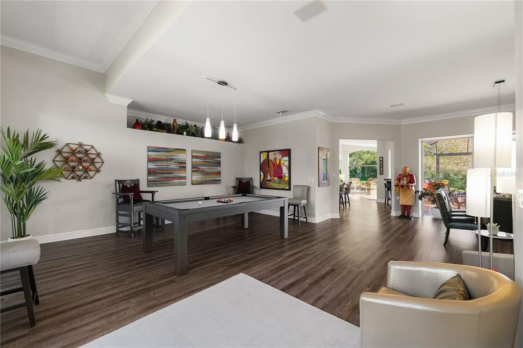 Billiard Table, Game Room, Interior, Pendant Lights, Wood Texture Flooring