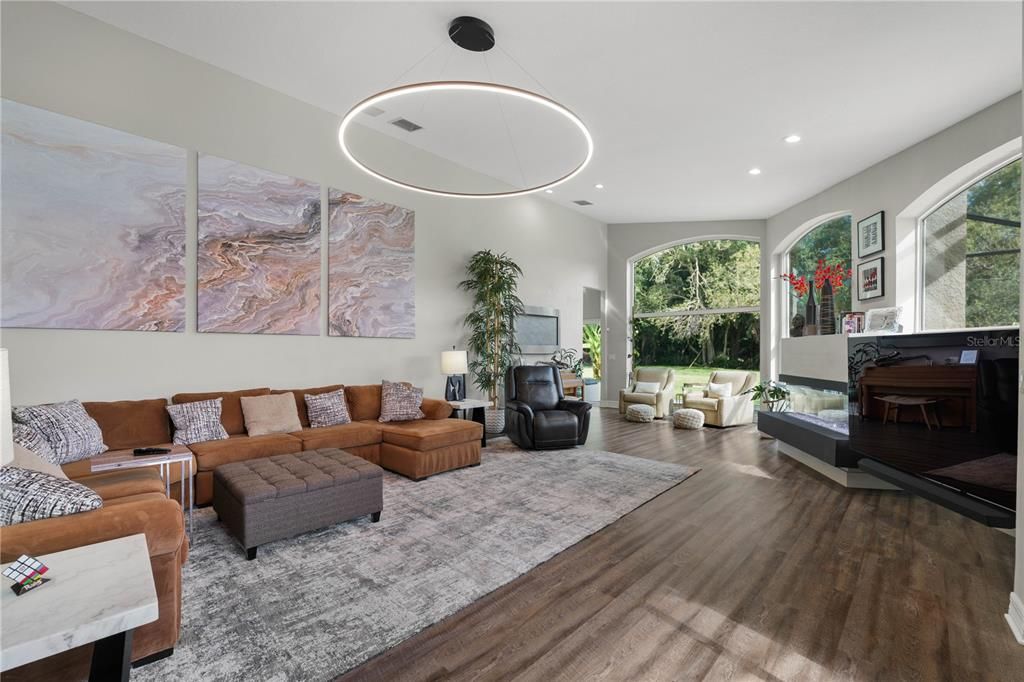 Interior, Living room, Pendant Lights, Recessed Lighting, Wood Texture Flooring