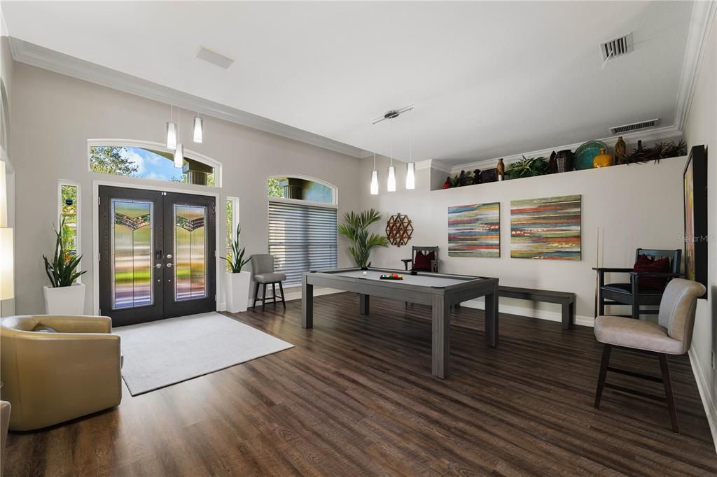 Billiard Table, Game Room, Interior, Pendant Lights, Wood Texture Flooring