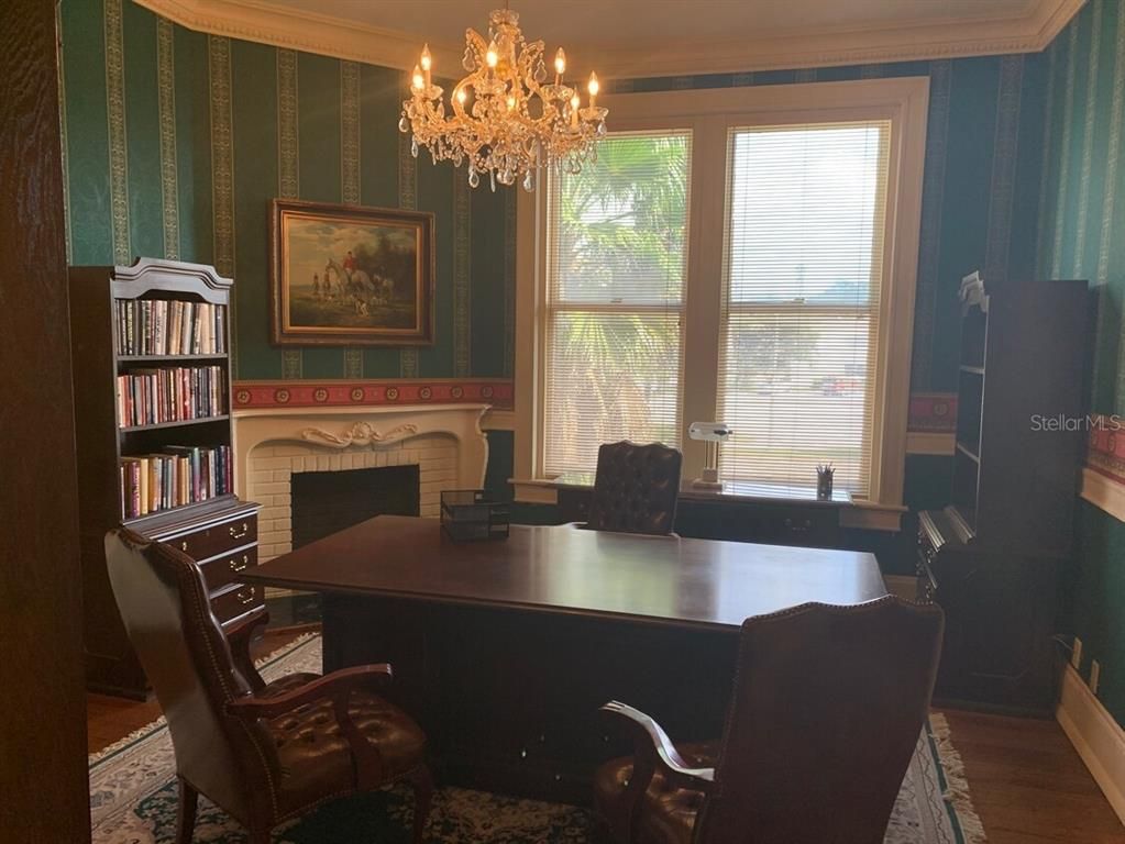 Chandelier, Fireplace, Home Office, Interior, Wood Texture Flooring