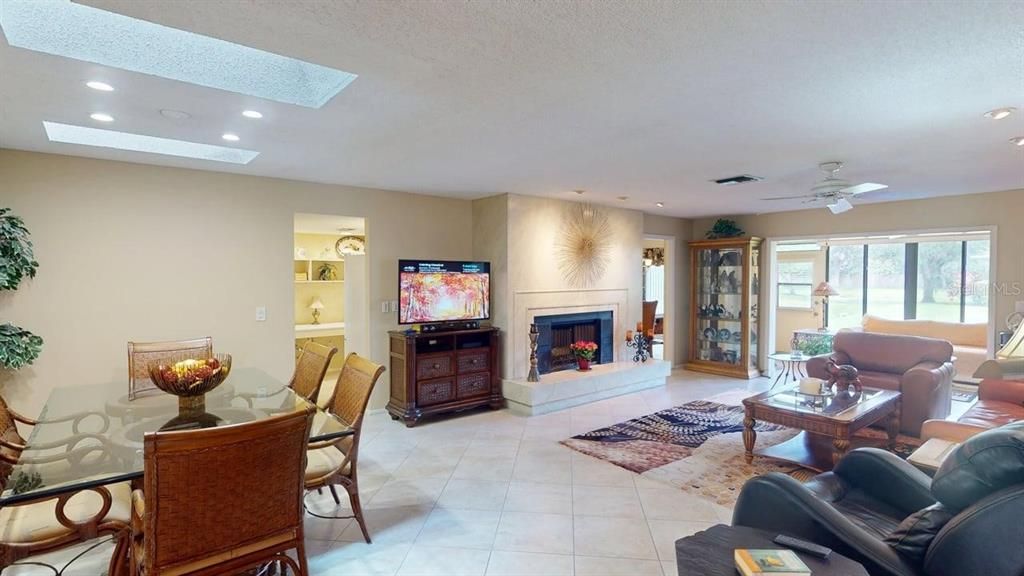 Dining room, Fireplace, Interior, Living room, Recessed Lighting