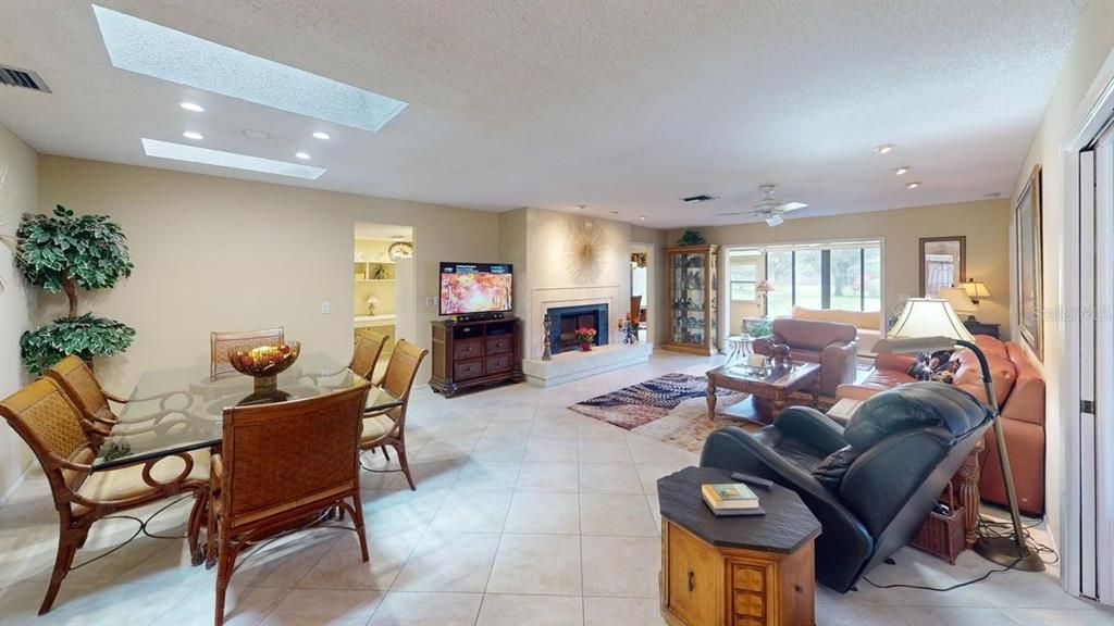 Dining room, Fireplace, Interior, Living room, Recessed Lighting